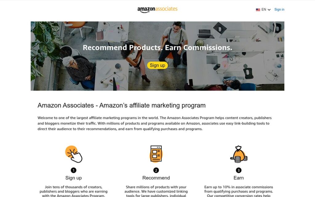 Screenshot of the Amazon Associates homepage