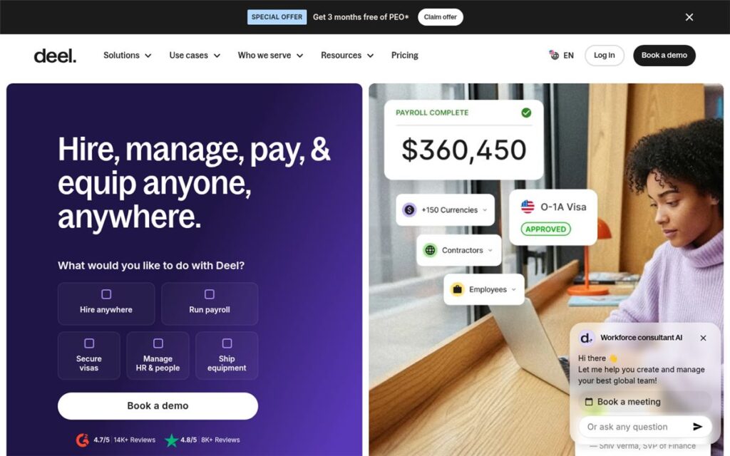 Screenshot of the Deel homepage