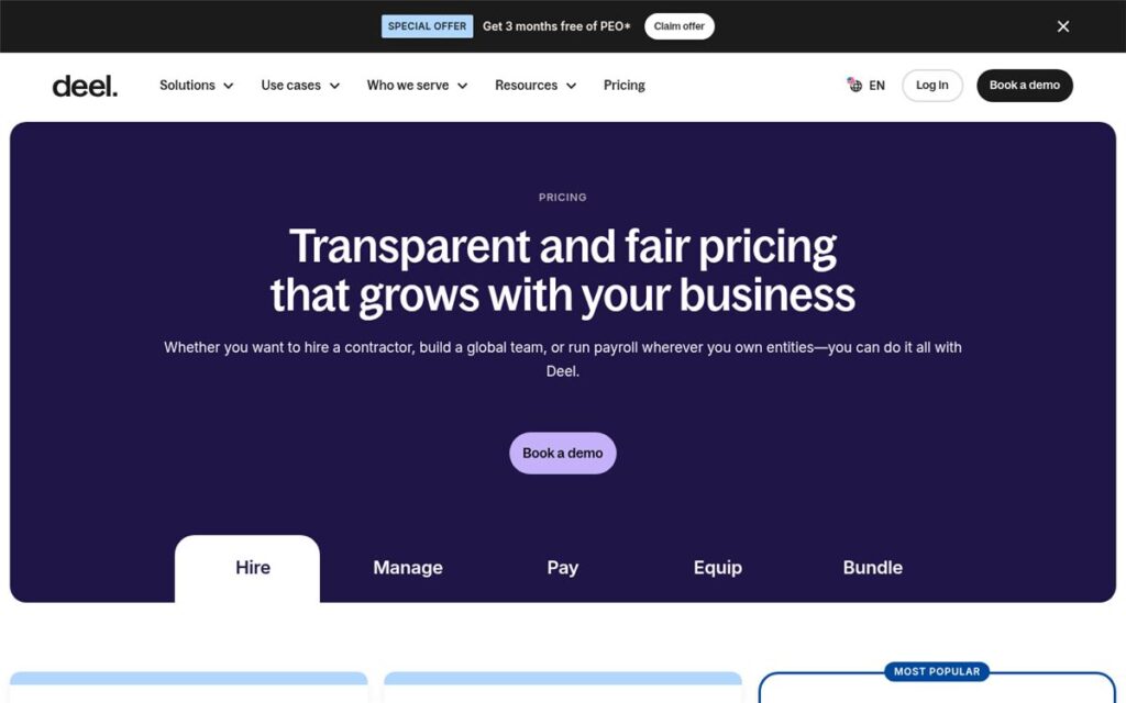 Screenshot of the Deel pricing page