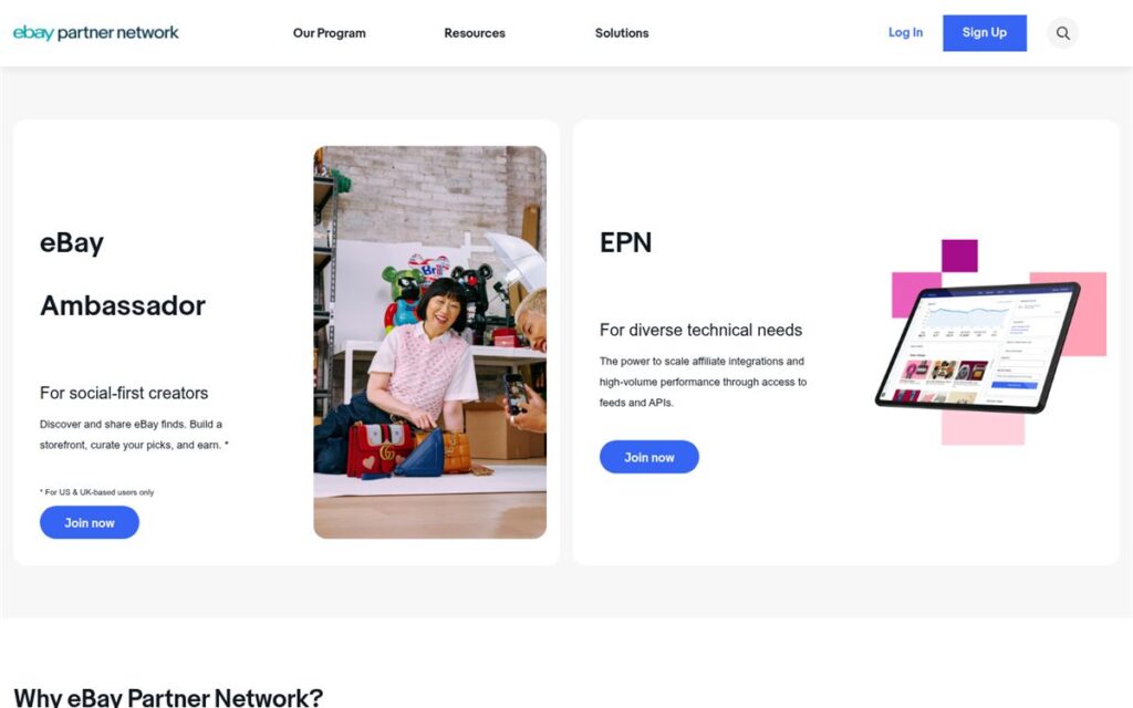Screenshot of the eBay Partner Network homepage