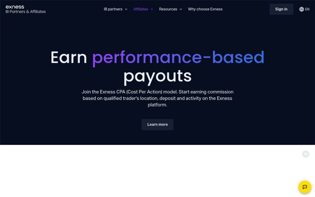 Screenshot of the Exness affiliate program page