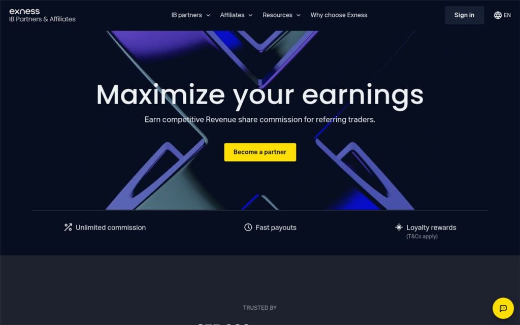 Screenshot of the Exness affiliates homepage
