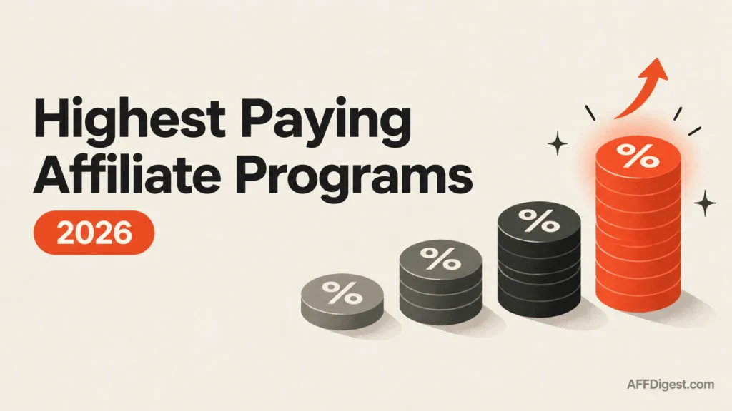 Highest paying affiliate programs in 2026: stacks of percentage coins rising to the tallest