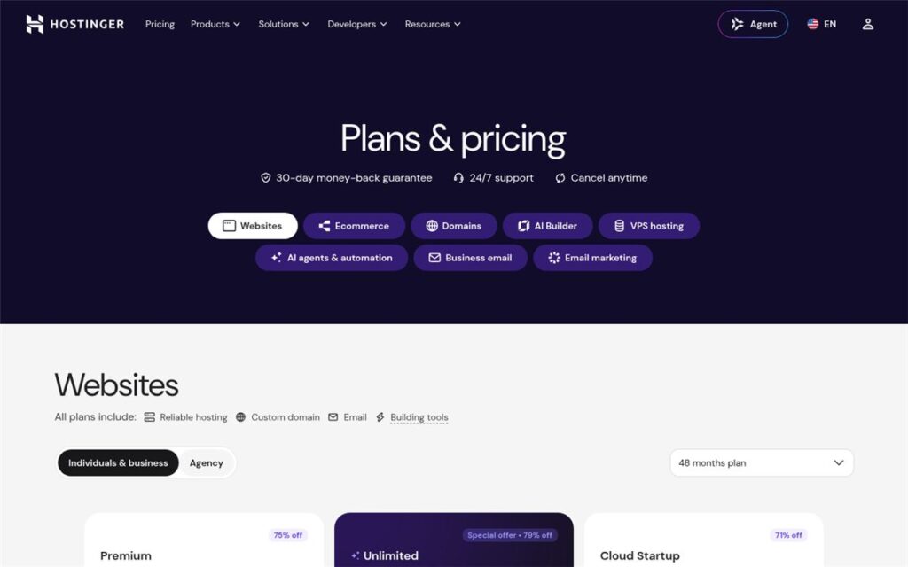 Screenshot of the Hostinger pricing page