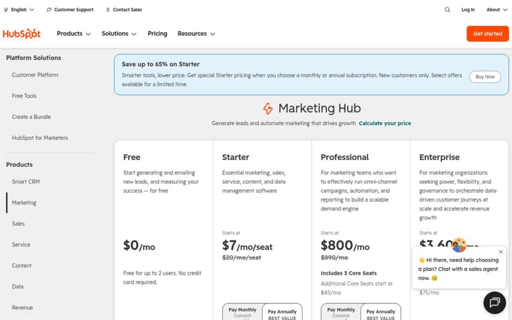 Screenshot of the HubSpot pricing page