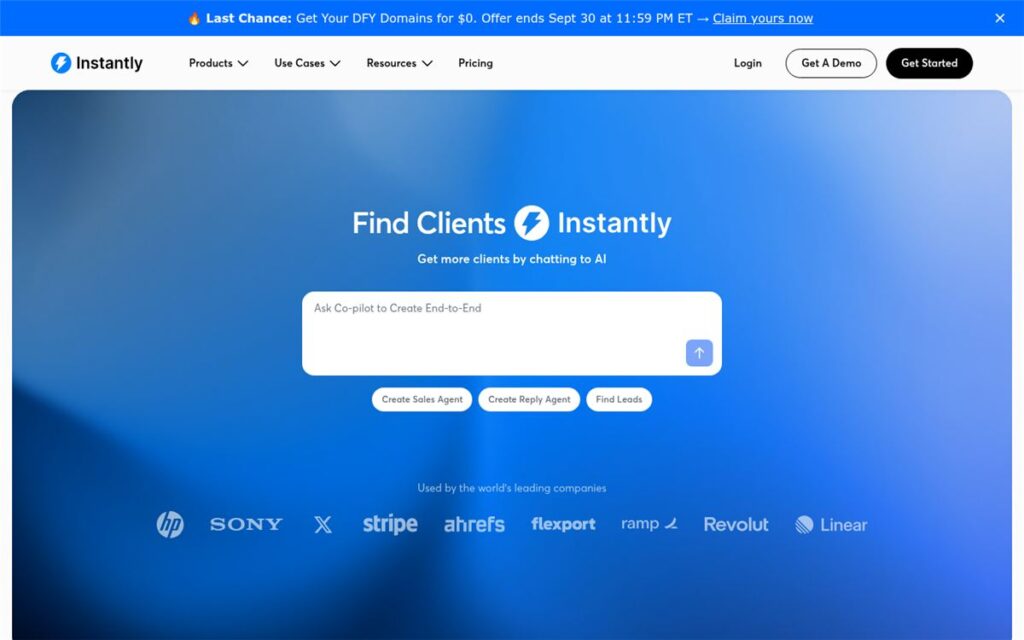 Screenshot of the Instantly homepage