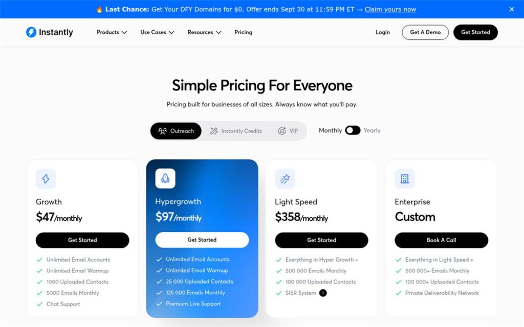 Screenshot of the Instantly pricing page