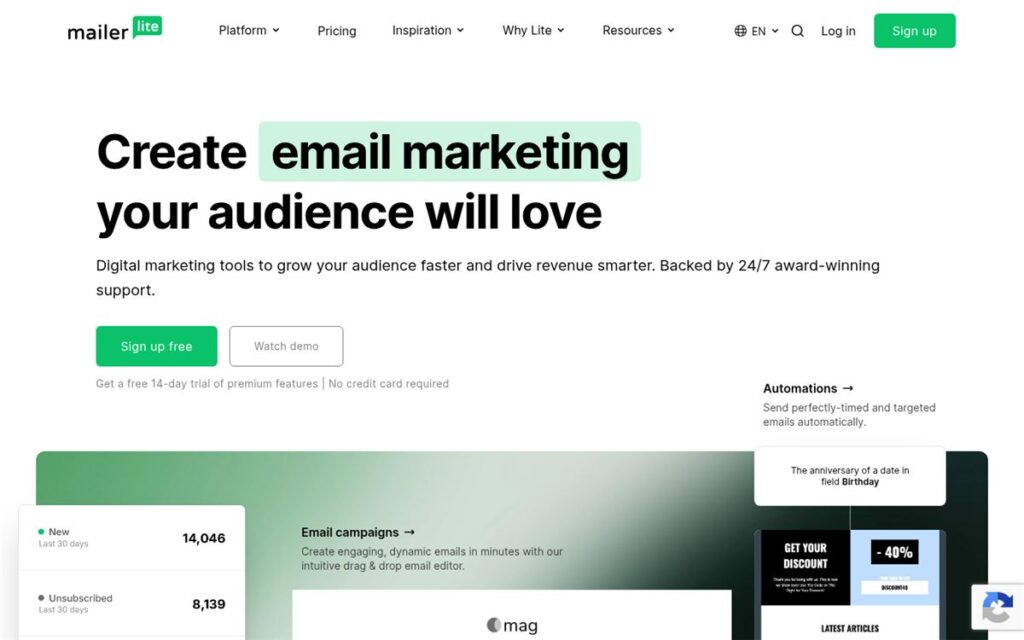 Screenshot of the MailerLite homepage