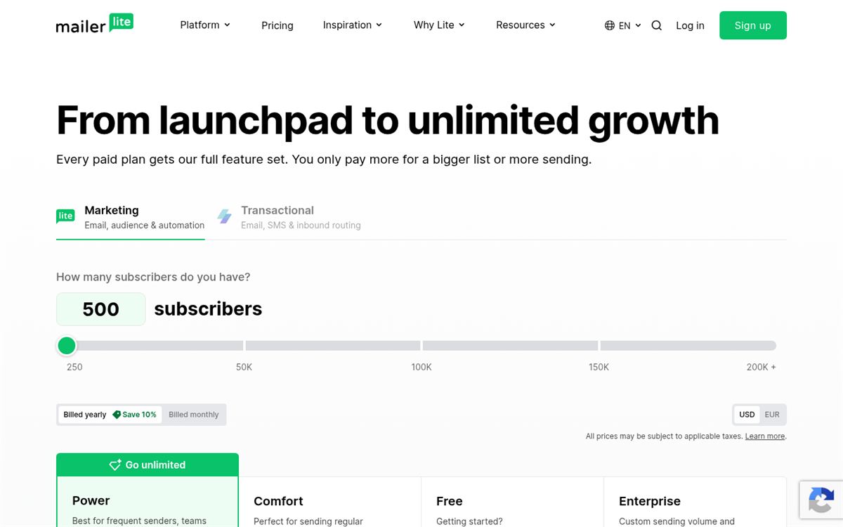 Screenshot of the MailerLite pricing page