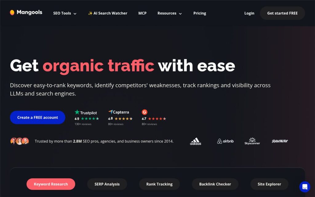 Screenshot of the Mangools homepage