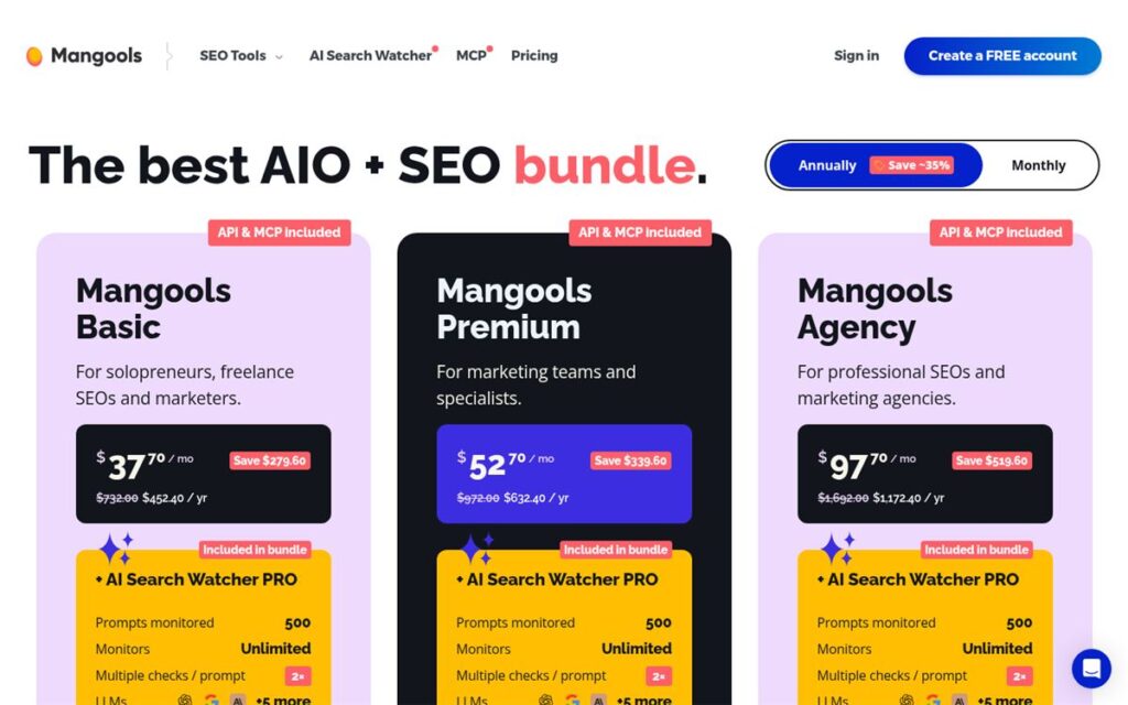 Screenshot of the Mangools pricing page
