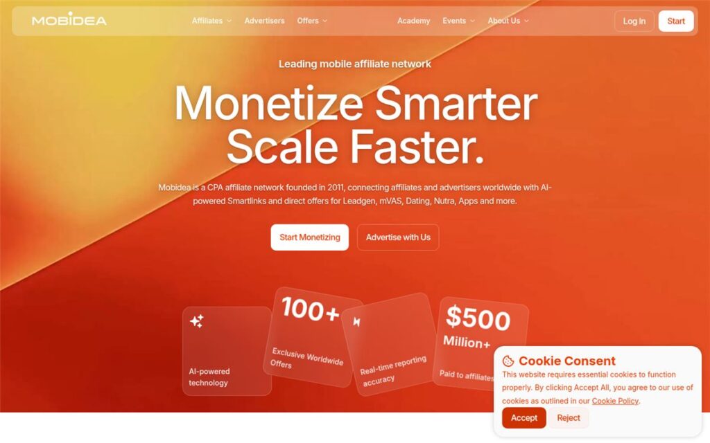Screenshot of the Mobidea homepage