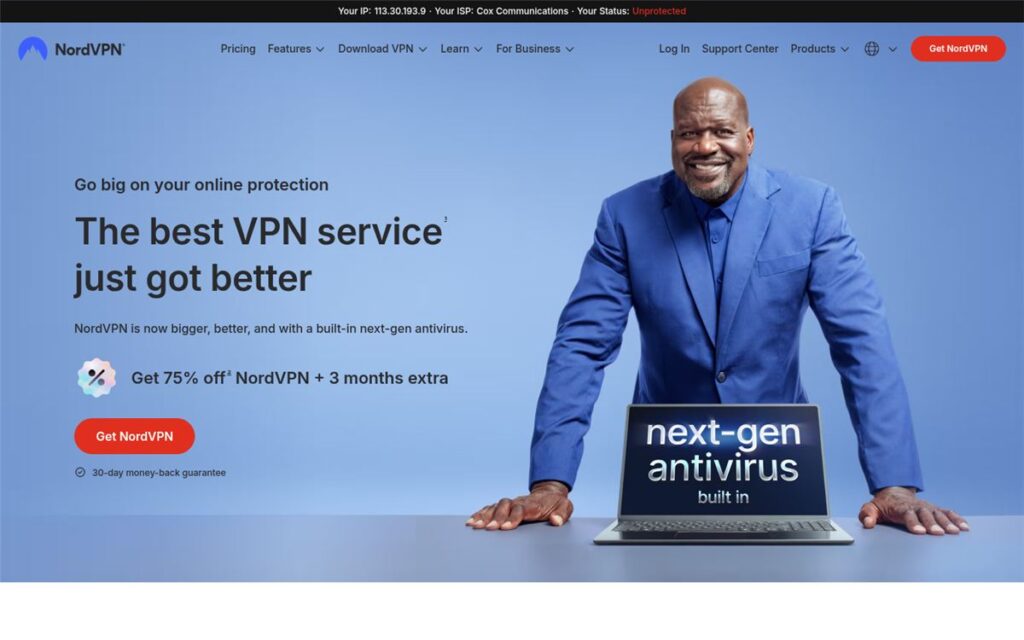 Screenshot of the NordVPN homepage