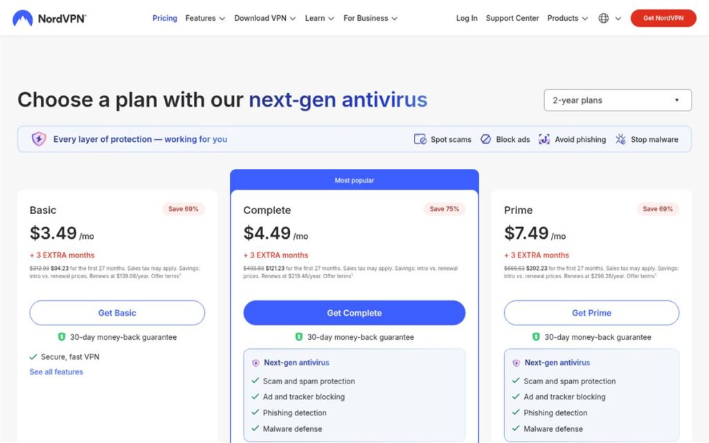 Screenshot of the NordVPN pricing page