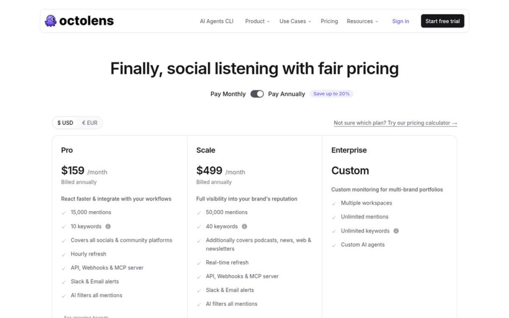 Screenshot of the Octolens pricing page