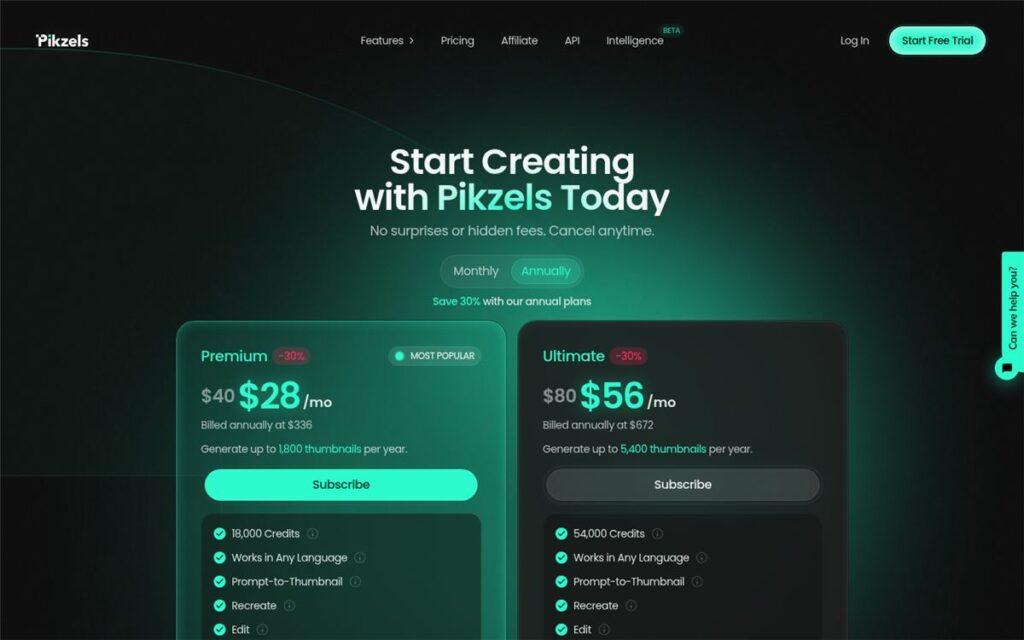 Screenshot of the Pikzels pricing page