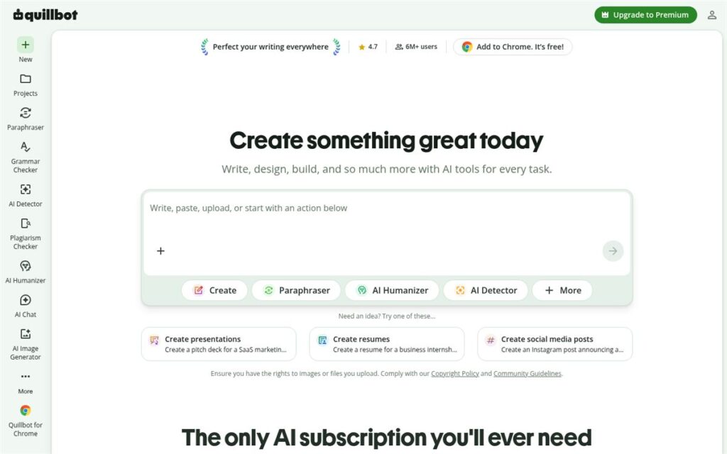 Screenshot of the QuillBot homepage