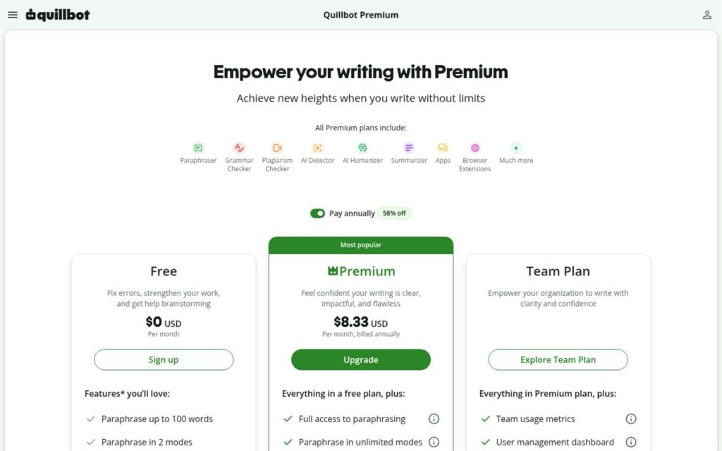Screenshot of the QuillBot pricing page