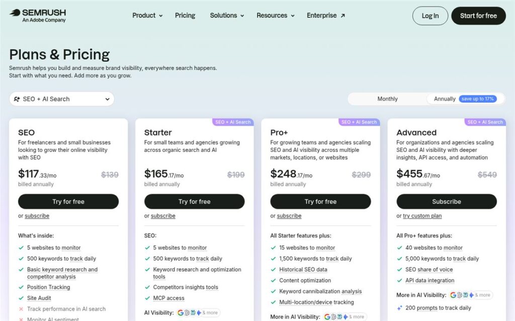 Screenshot of the Semrush pricing page