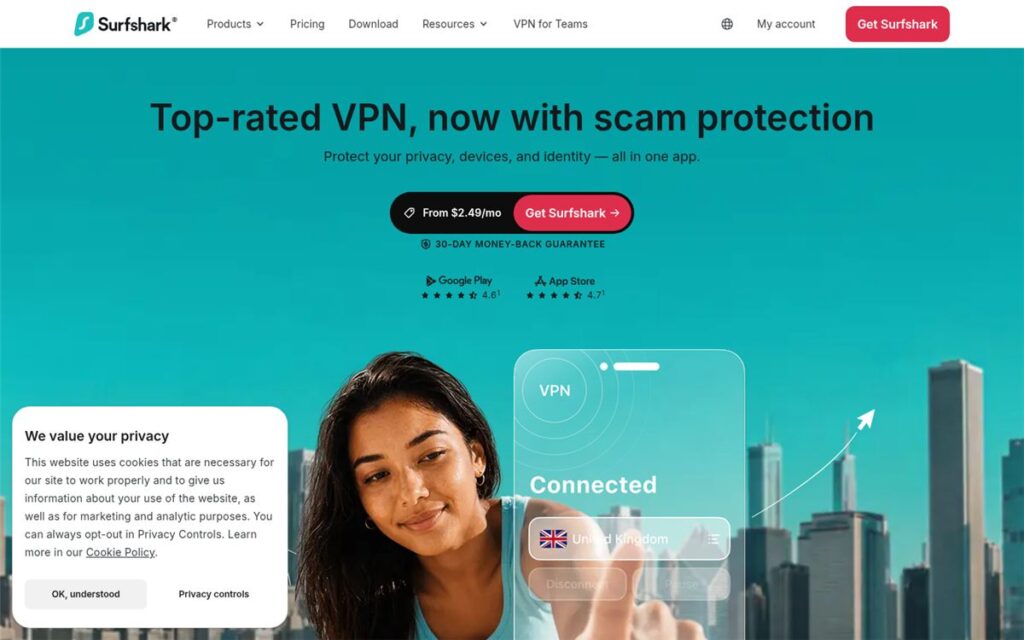 Screenshot of the Surfshark homepage