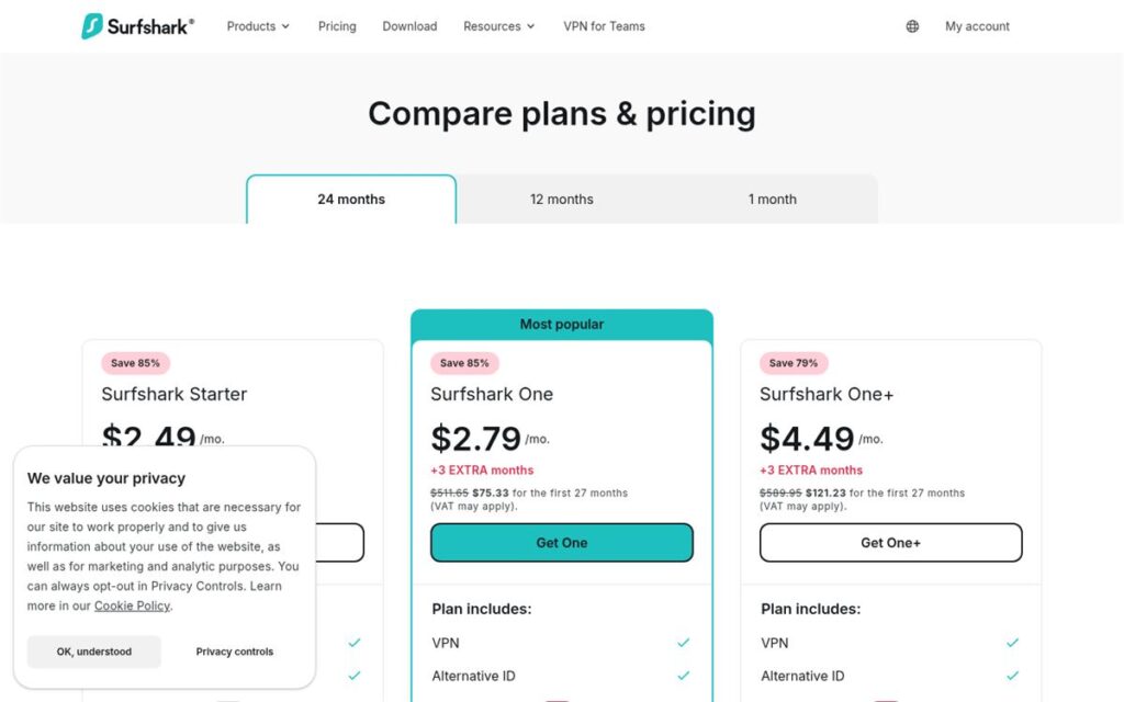 Screenshot of the Surfshark pricing page