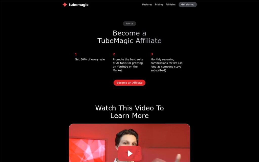 Screenshot of the TubeMagic affiliate program page
