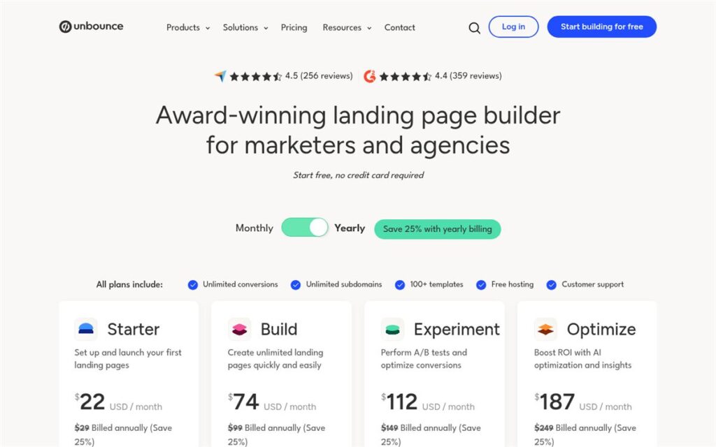 Screenshot of the Unbounce pricing page
