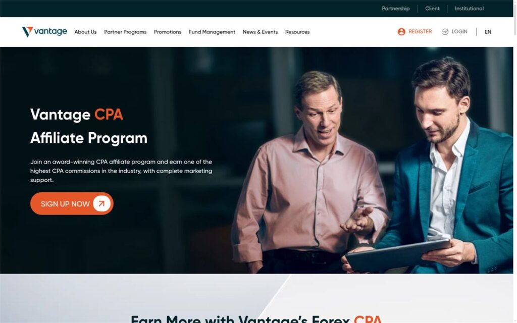 Screenshot of the Vantage affiliate program page