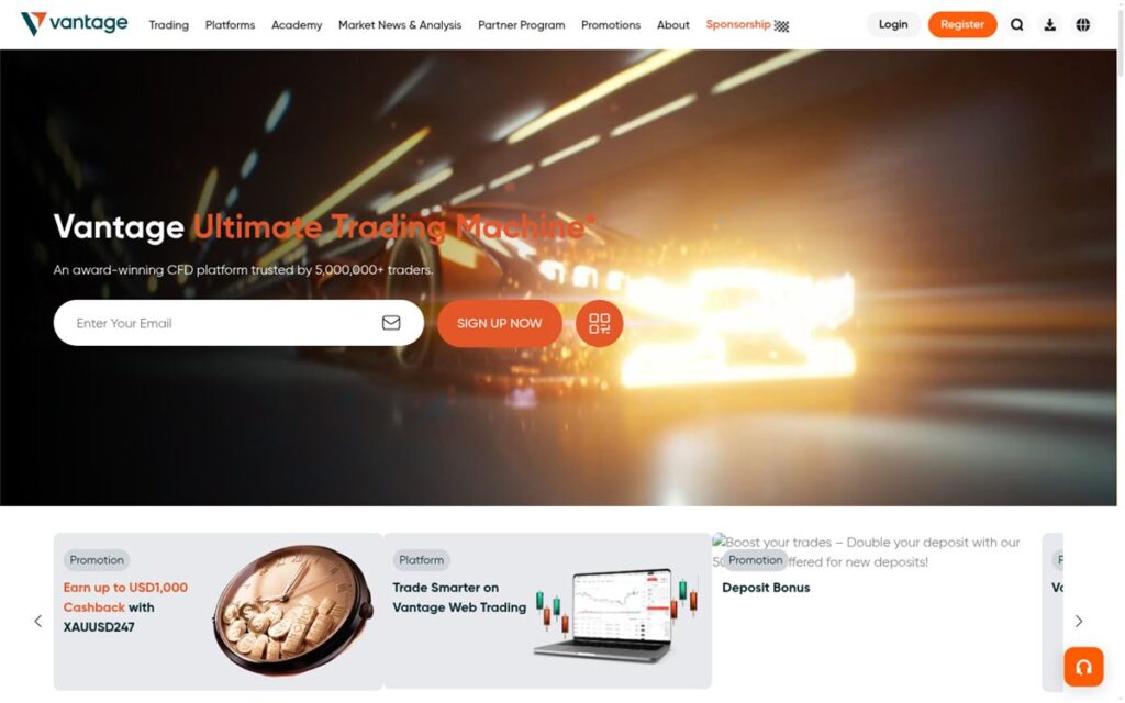 Screenshot of the Vantage homepage