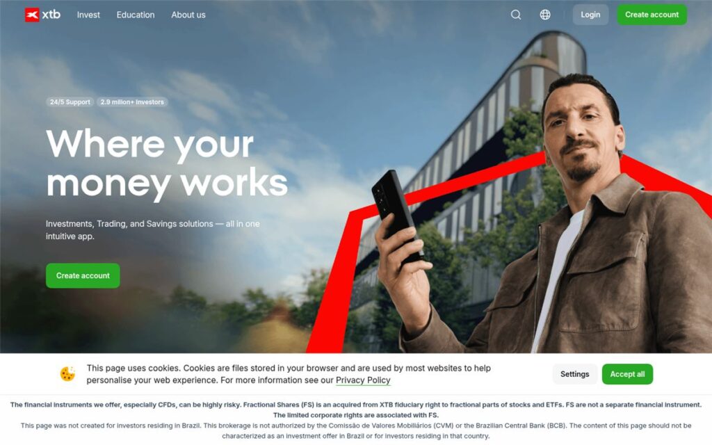 Screenshot of the XTB homepage